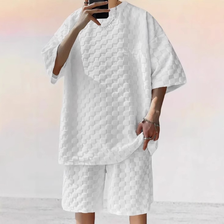 2025 European and American Cross-border Trendy Brand Men's Chessboard Spring and Summer Loose Sports Leisure Two-piece Suit Men's Foreign Trade Wholesale