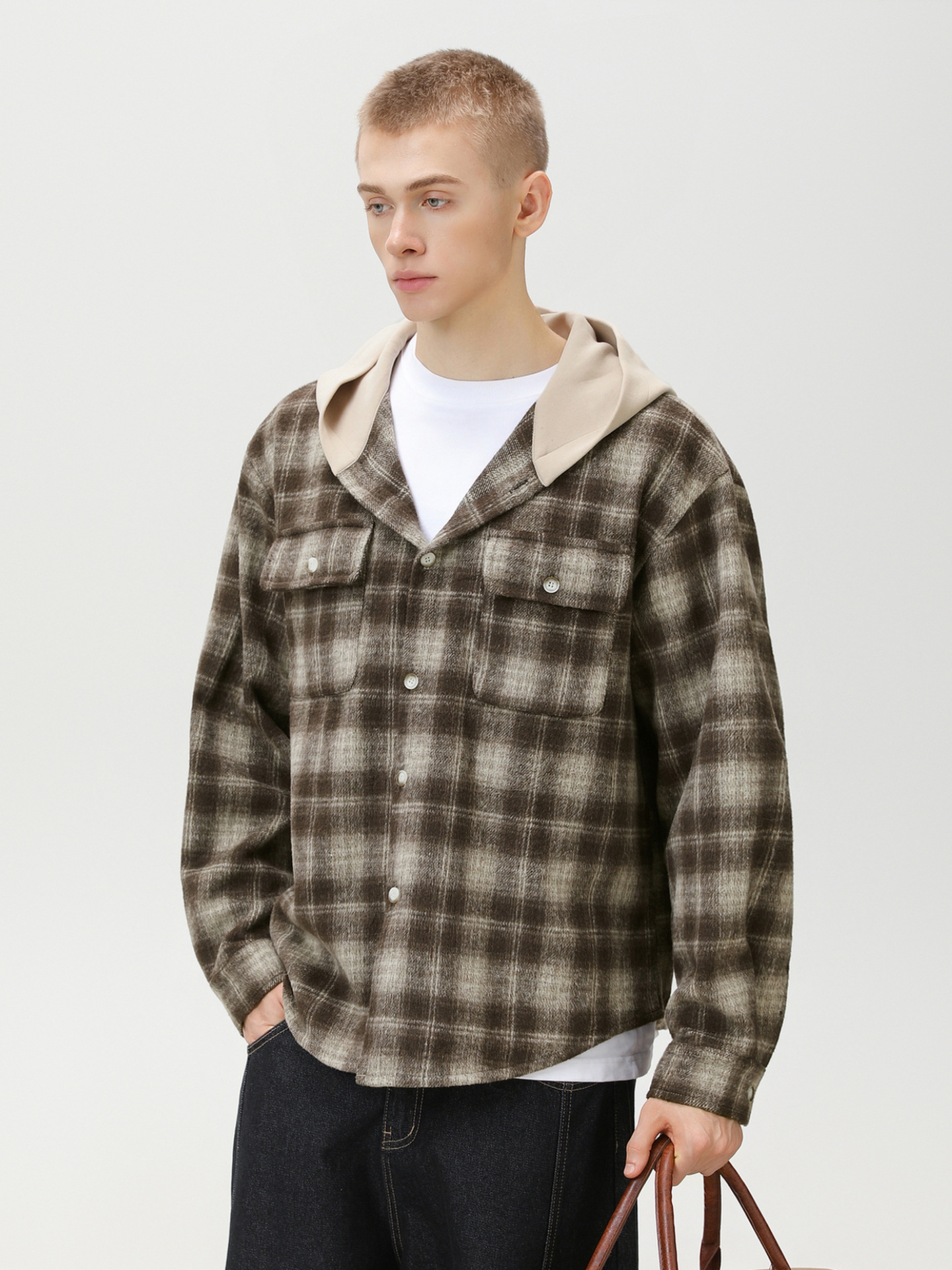 Men’s Vintage Brushed Plaid Hooded Shirt — Contrast Panel, Long Sleeve | Fall Streetwear