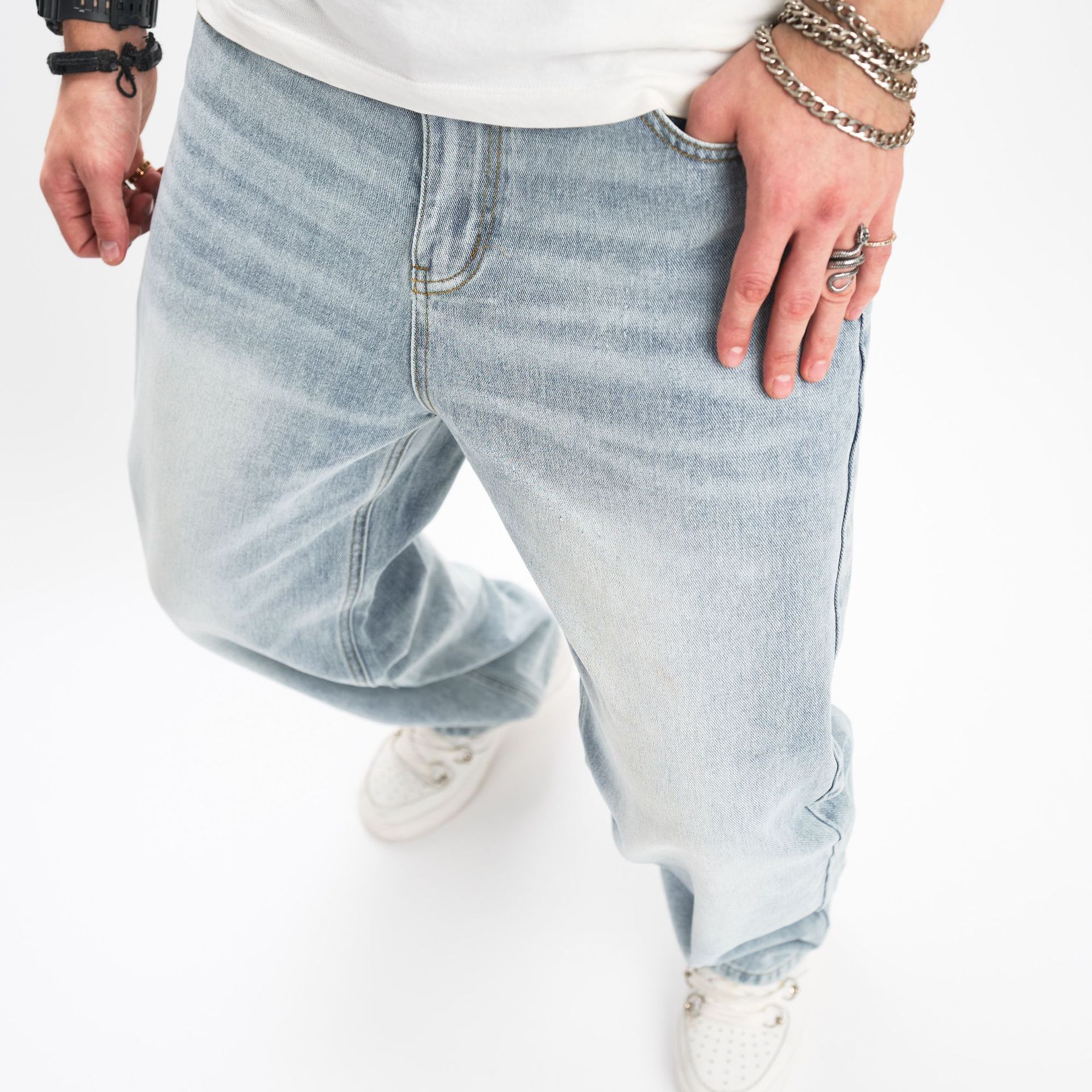 European and American street BIKER JEANS fashion brand Ma ying High Street men's JEANS loose wide leg straight pants men