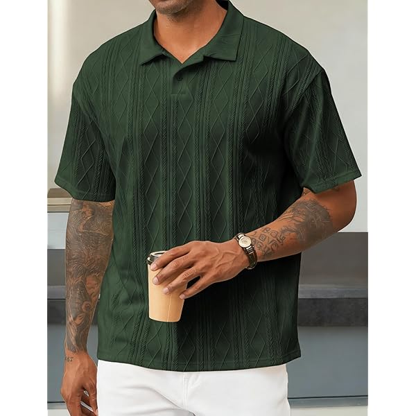 Olive Green Argyle Knit Short-Sleeve Polo Shirt