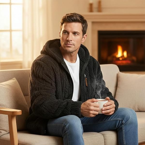 Grey Textured Sherpa Hooded Full-Zip Jacket