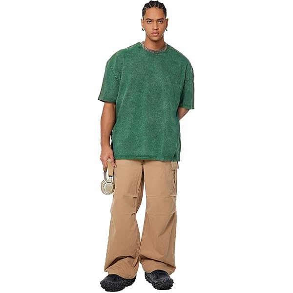 Olive Green Acid-Wash Oversized Crew Neck Short-Sleeve T-Shirt