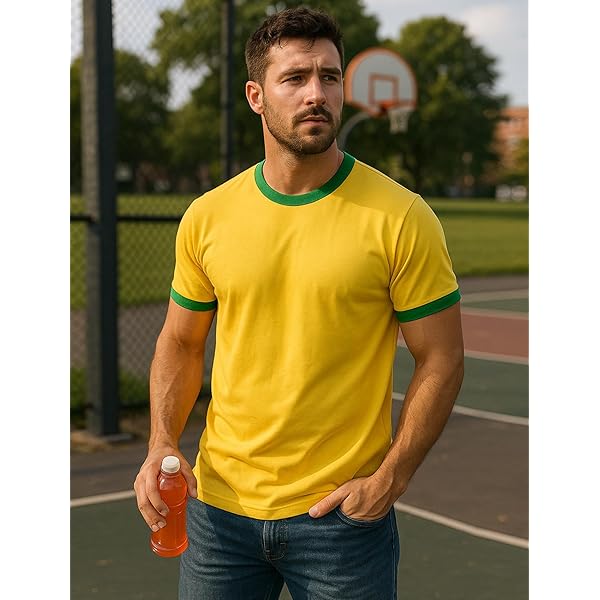 Yellow Crew Neck Short-Sleeve T-Shirt with Green Contrast Trim